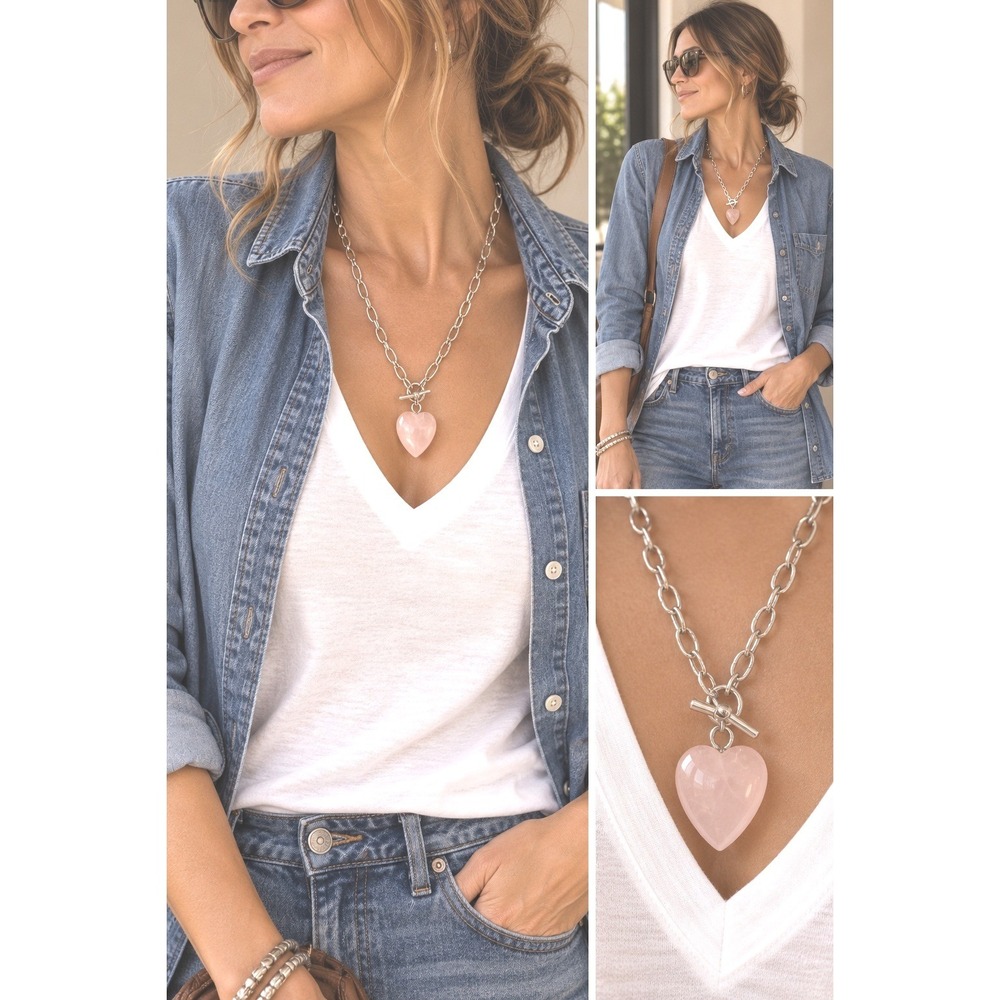 Rose Quartz heart chainlink silvertone trending chunky healing gemstone necklace